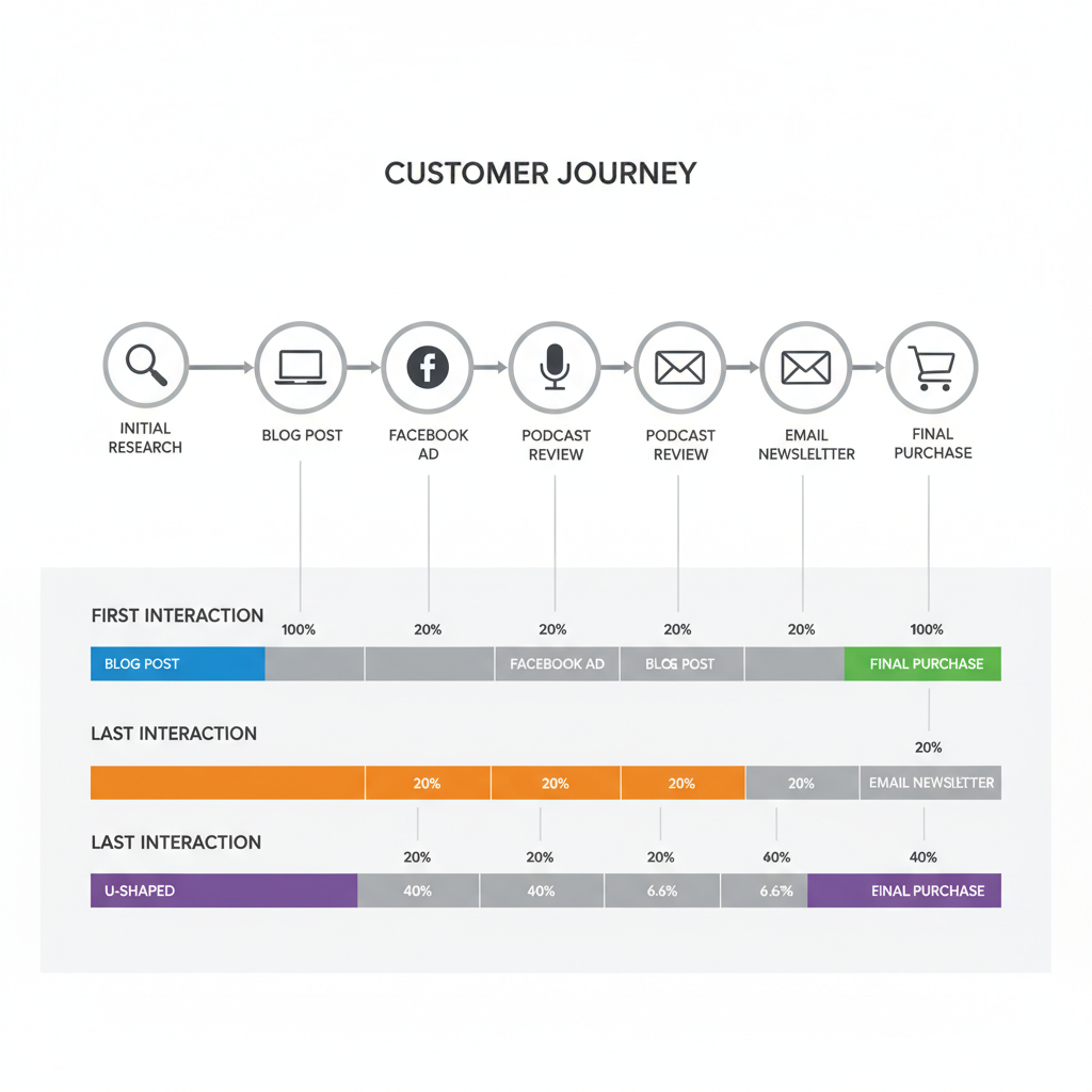 Visual showing customer journey with multiple touchpoints and how different attribution models credit each touchpoint
