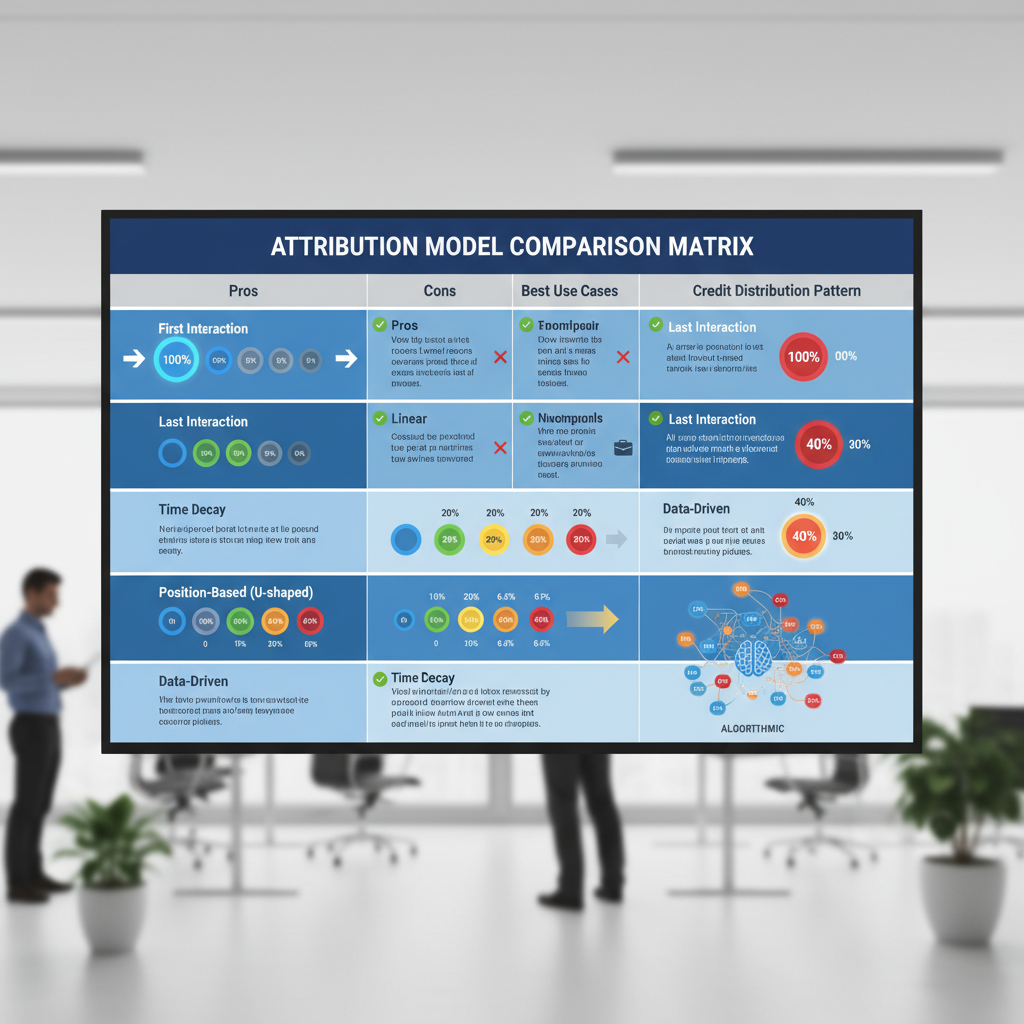 Comparison matrix of 6 attribution models showing pros, cons, best use cases, and credit distribution patterns