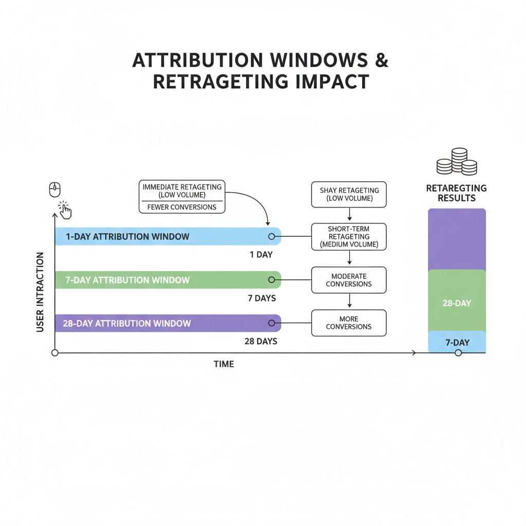 Timeline diagram showing different attribution windows including 1-day, 7-day, and 28-day with their impact on retargeting conversion results