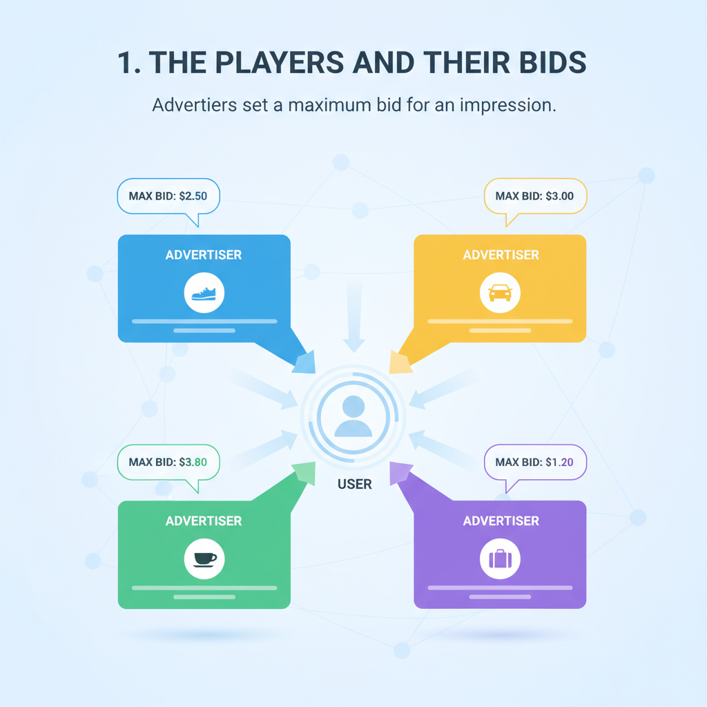 Visual explanation of ad auction mechanics showing how competition, bid amount, and ad quality affect CPM pricing