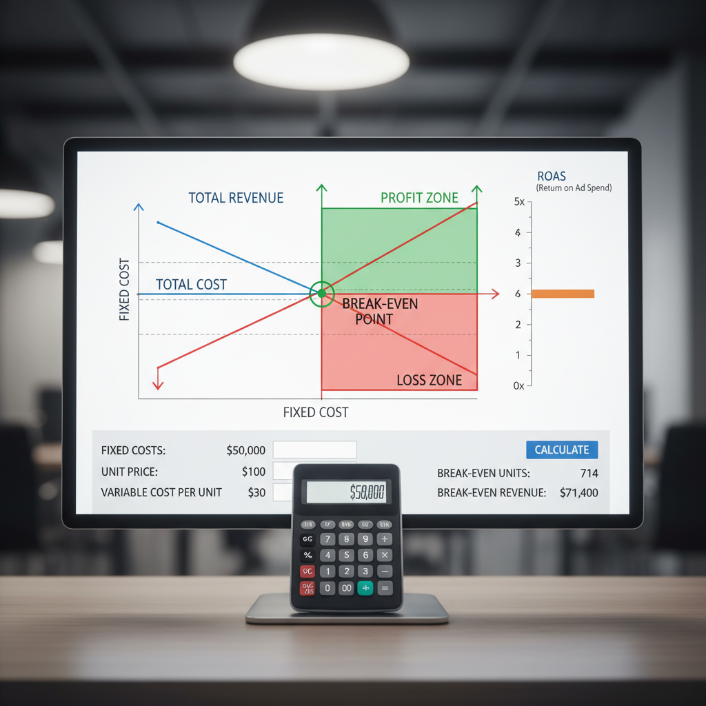 Professional break-even point graph showing profit and loss zones with ROAS scale and calculator elements