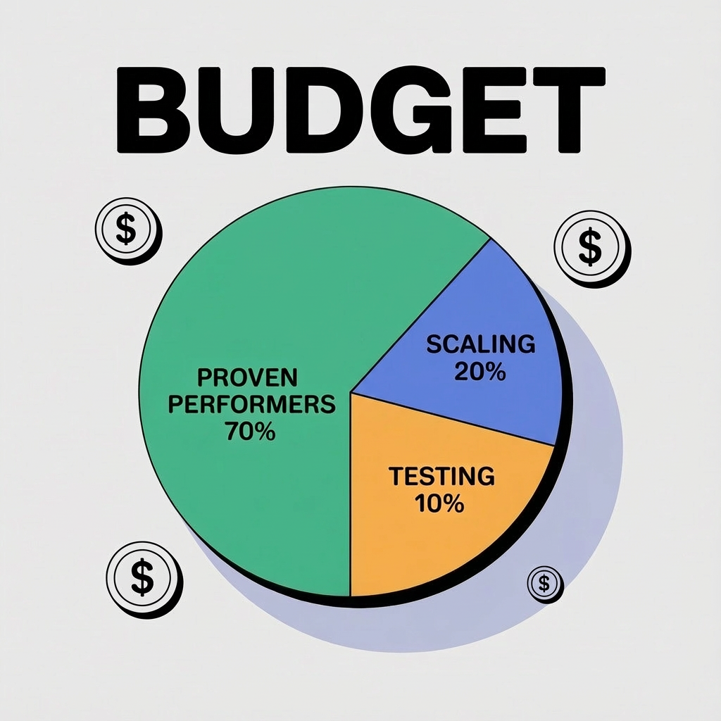 70-20-10 Budget Allocation Rule - Pie chart showing 70% proven performers, 20% scaling opportunities, 10% testing