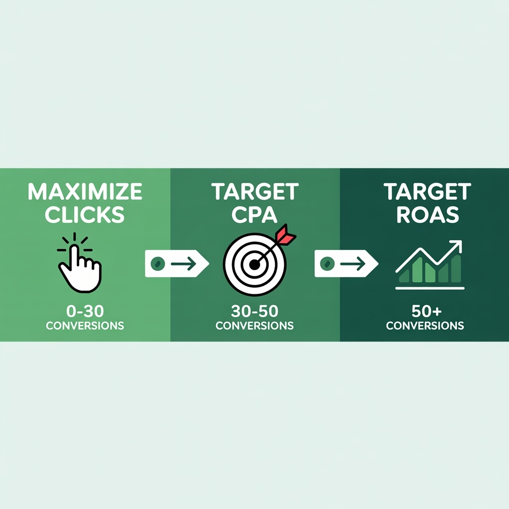 Bid Strategy Progression - Flow from Maximize Clicks to Target CPA to Target ROAS