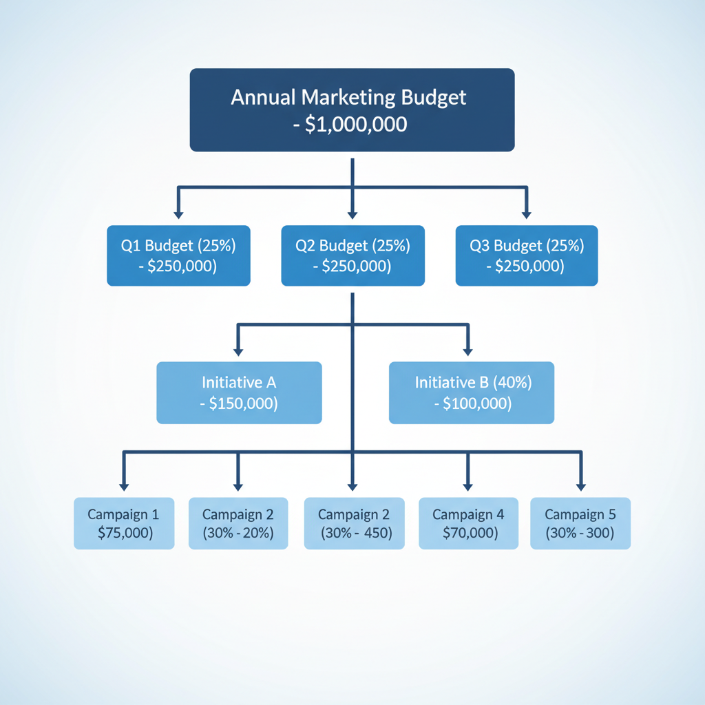 Hierarchical diagram showing budget planning levels from annual total down to individual campaigns with allocation percentages