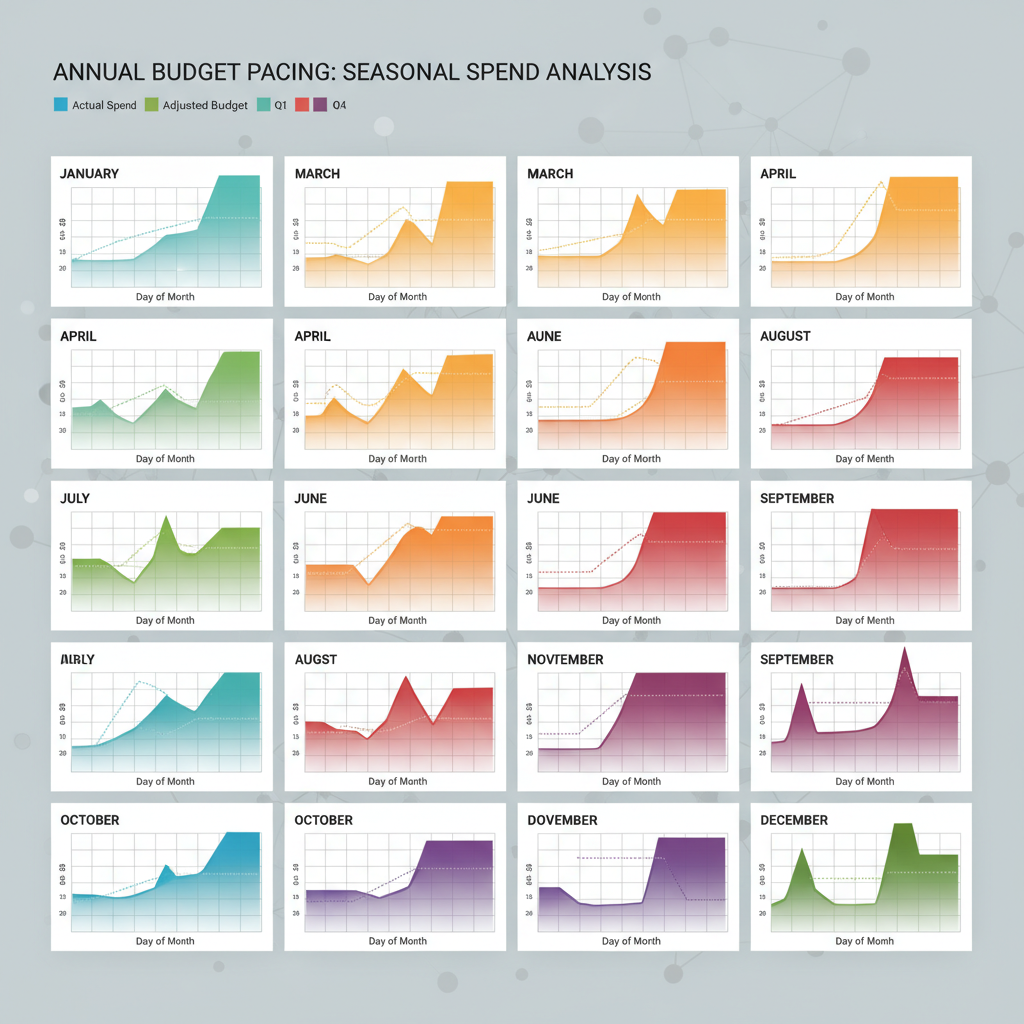 Calendar visualization showing budget pacing across 12 months with seasonal adjustments and spend curves