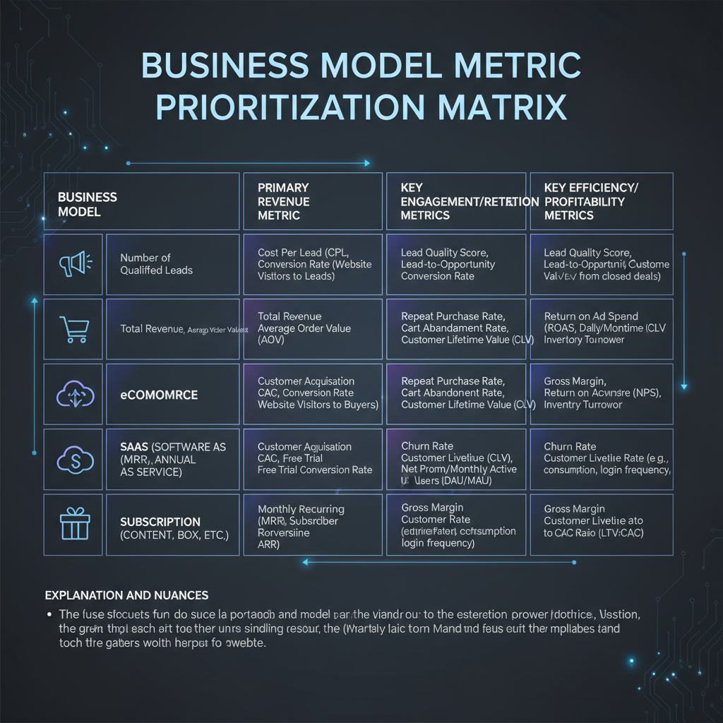 Matrix showing which metric to prioritize for different business models including lead gen, ecommerce, SaaS, and subscription services