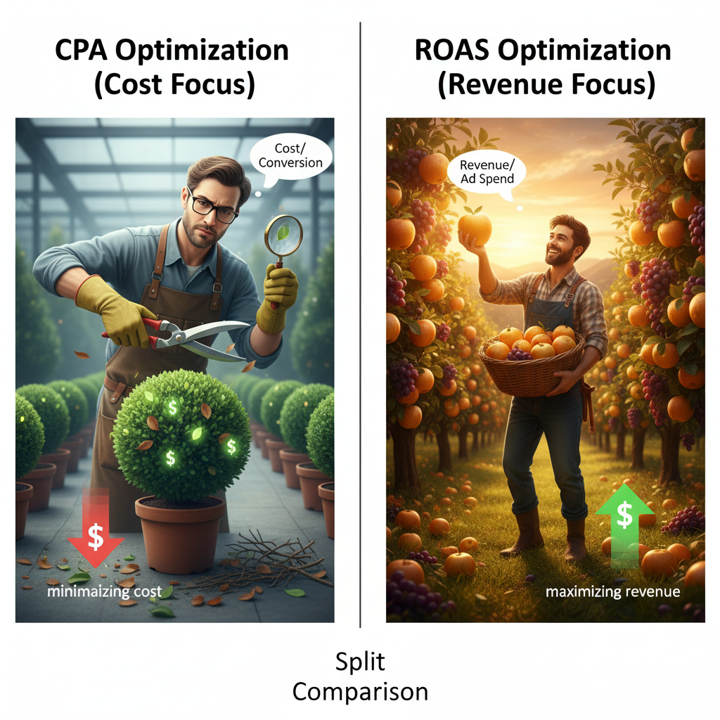 Split comparison showing CPA optimization with cost focus versus ROAS optimization with revenue focus using visual metaphors