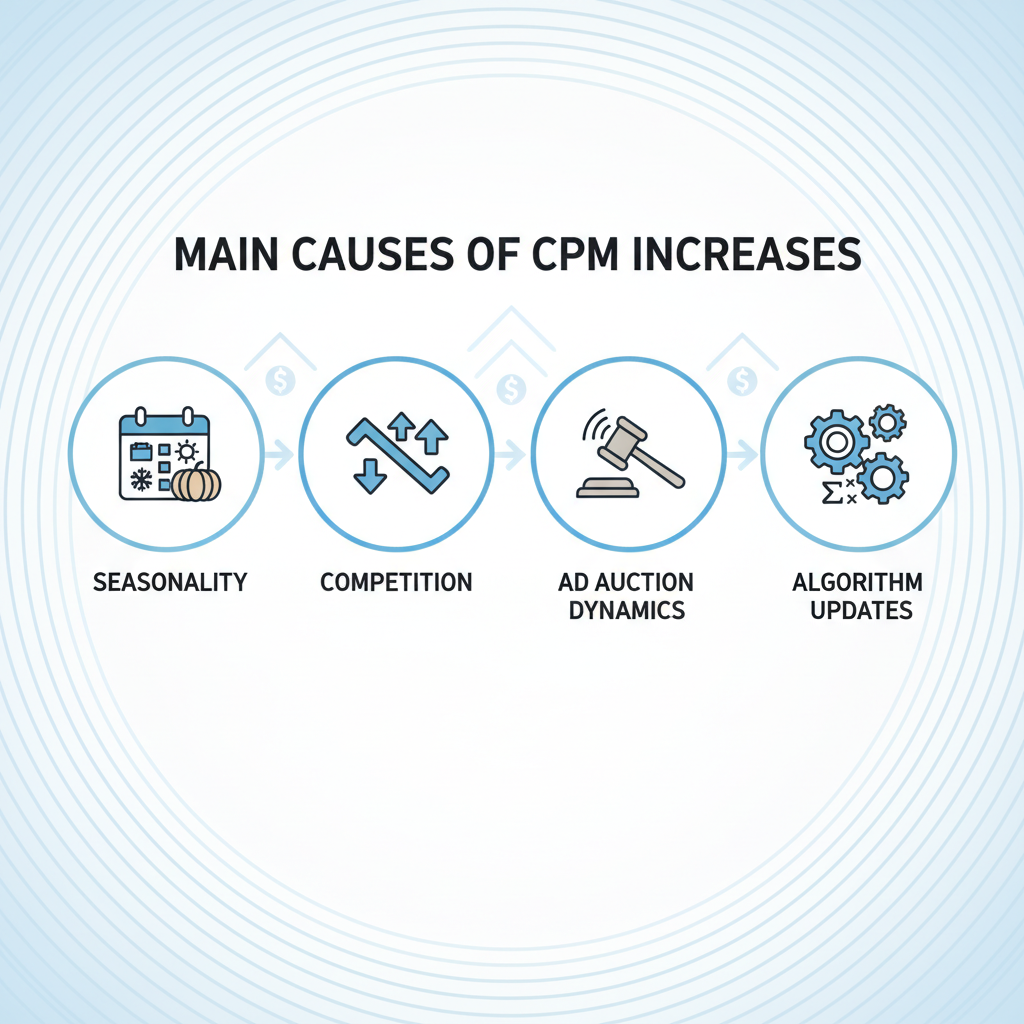 Infographic showing main causes of CPM increases with icons for seasonality calendar, competition arrows, auction gavel, and algorithm symbols