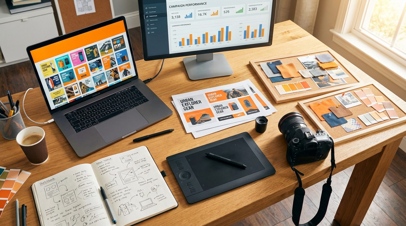 Creative Strategy Framework - Creative director workspace with ad campaign designs