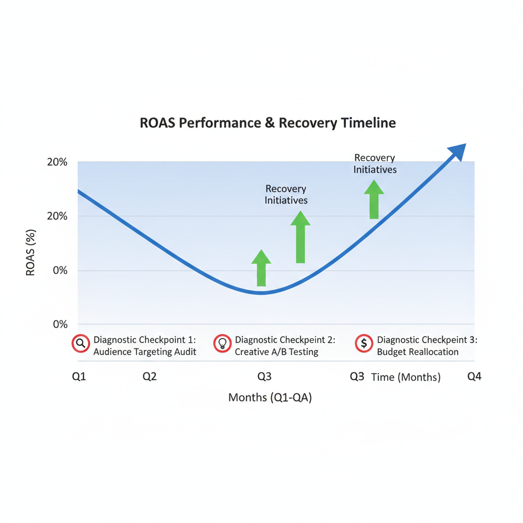 Graph showing ROAS decline with recovery arrows and diagnostic checkpoints marked along recovery timeline