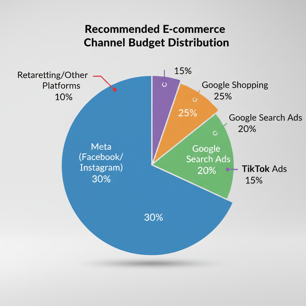 Pie chart showing recommended channel budget distribution for ecommerce including Meta, Google Shopping, Google Search, TikTok, and retargeting