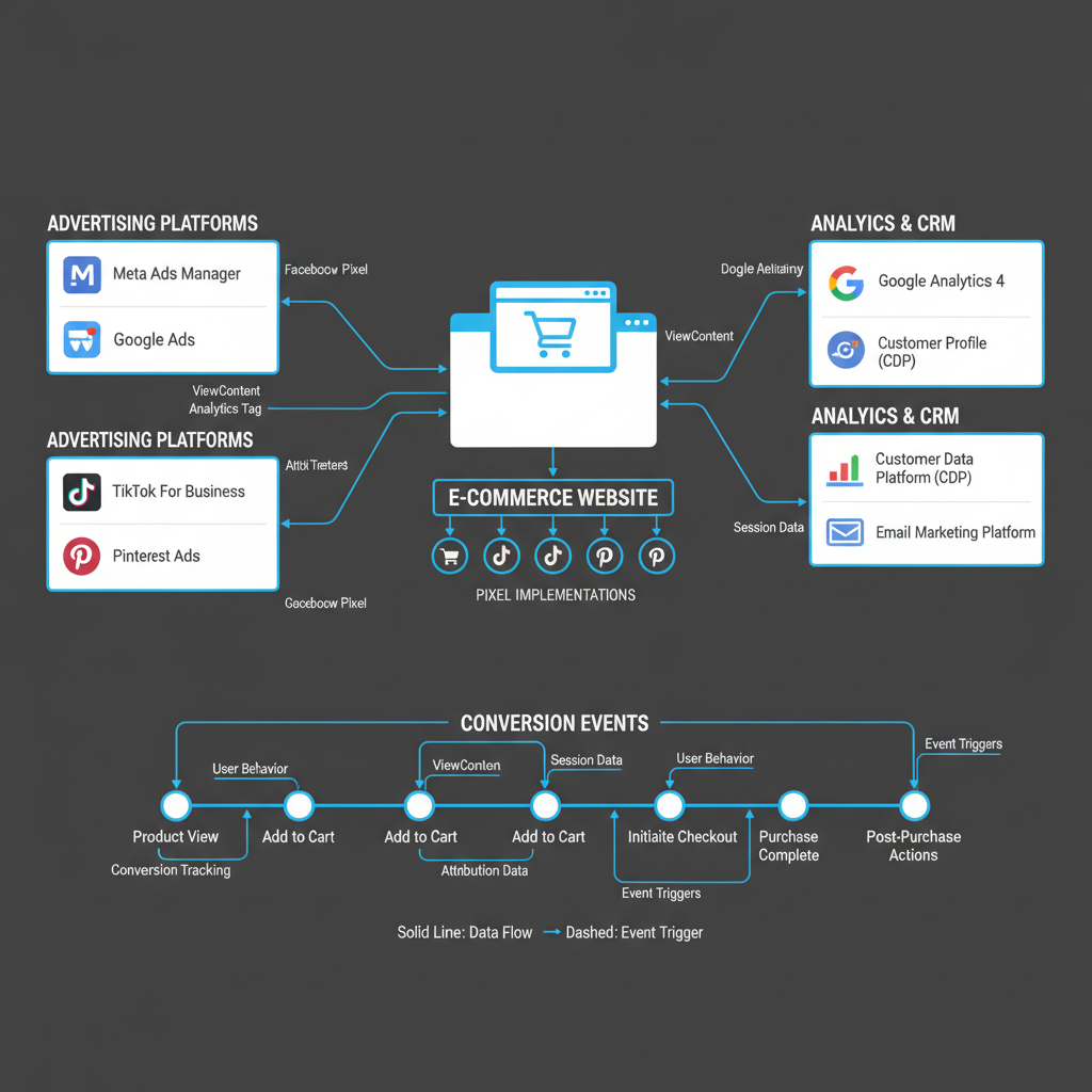 Technical diagram showing ecommerce site with pixel implementations, data flow to platforms, and conversion events