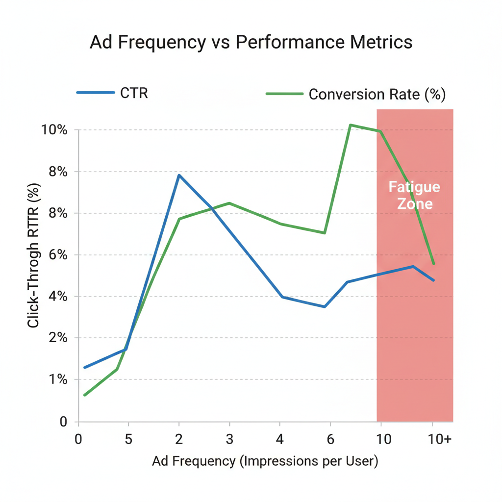 Graph showing relationship between ad frequency and performance metrics with CTR and conversion rate declining in fatigue zone