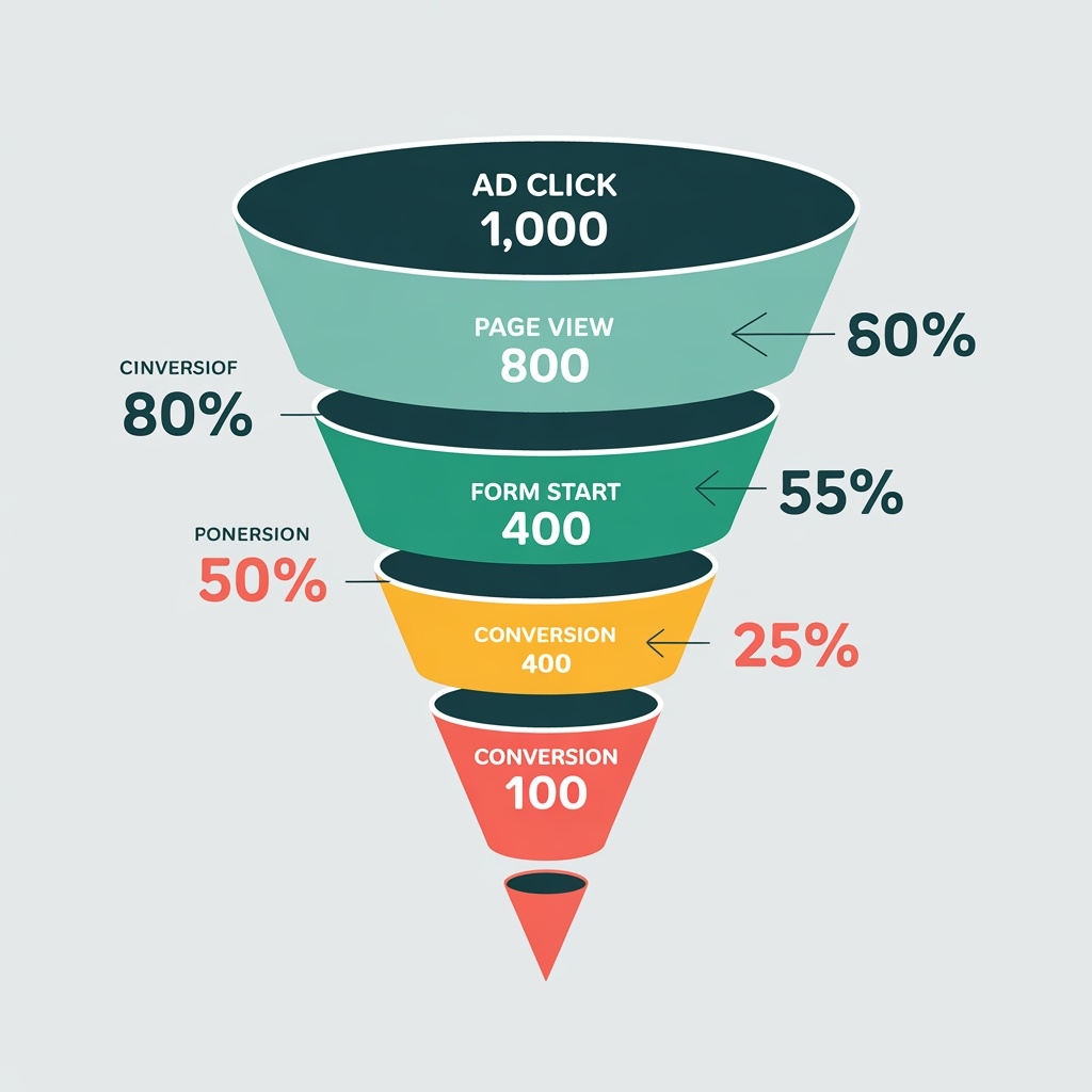 Conversion Funnel - Ad click to page view to form start to conversion with drop-off rates