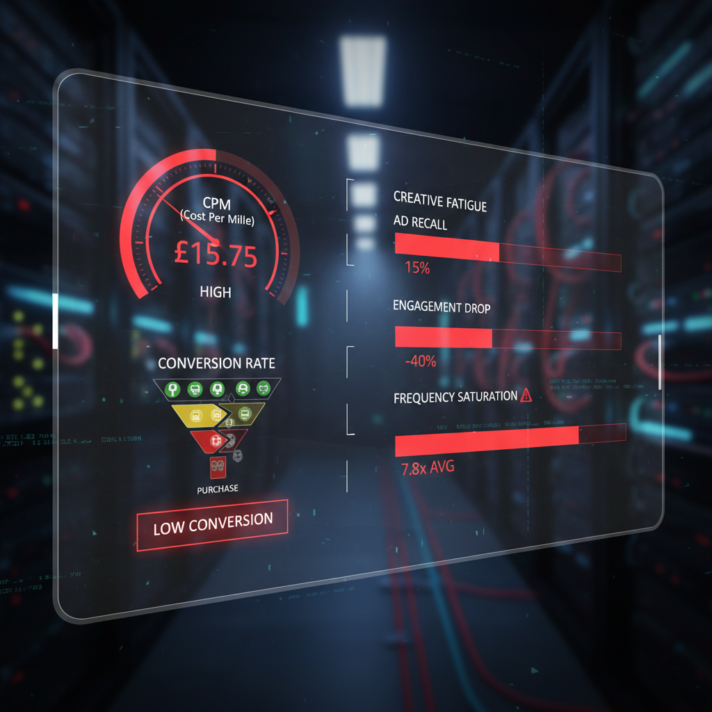 Diagnostic dashboard showing three problem areas: high CPM meter, low conversion funnel, and creative fatigue indicators