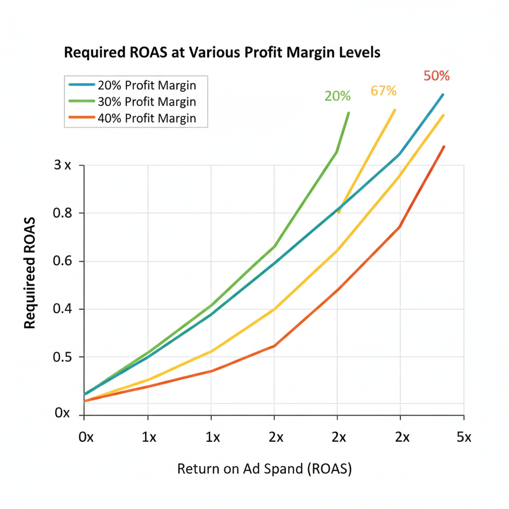 Line graph showing required ROAS at different profit margin levels from 10% to 50% with clear trend visualization