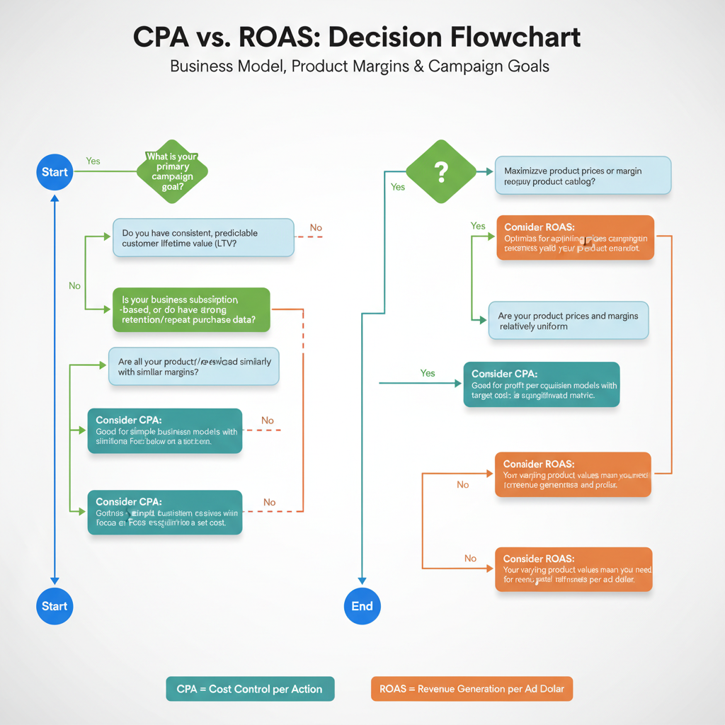 Decision flowchart helping choose between CPA and ROAS based on business model, product margins, and campaign goals