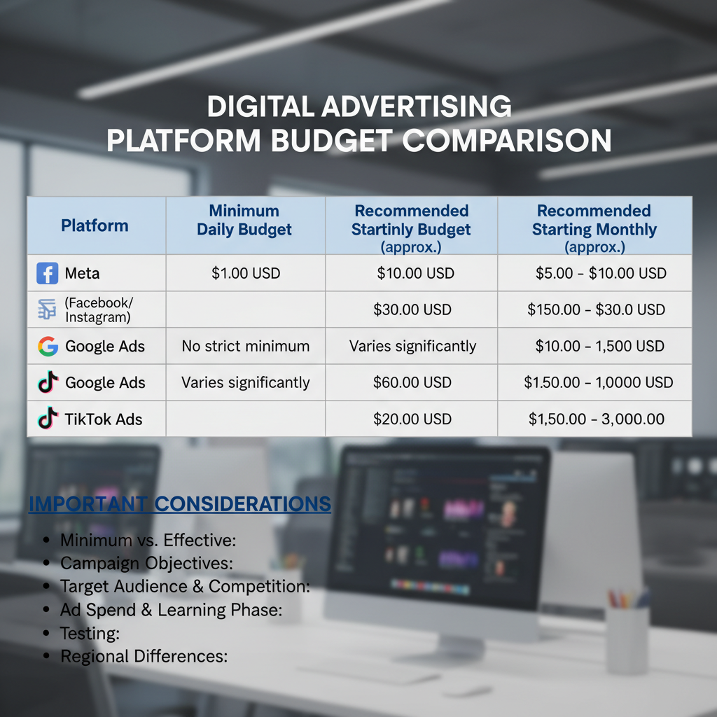 Comparison chart showing minimum daily and monthly budgets for Meta, Google, and TikTok with recommended starting amounts