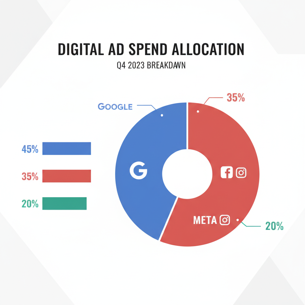 Infographic showing budget distribution across Meta, Google, and TikTok platforms with pie chart and platform logos