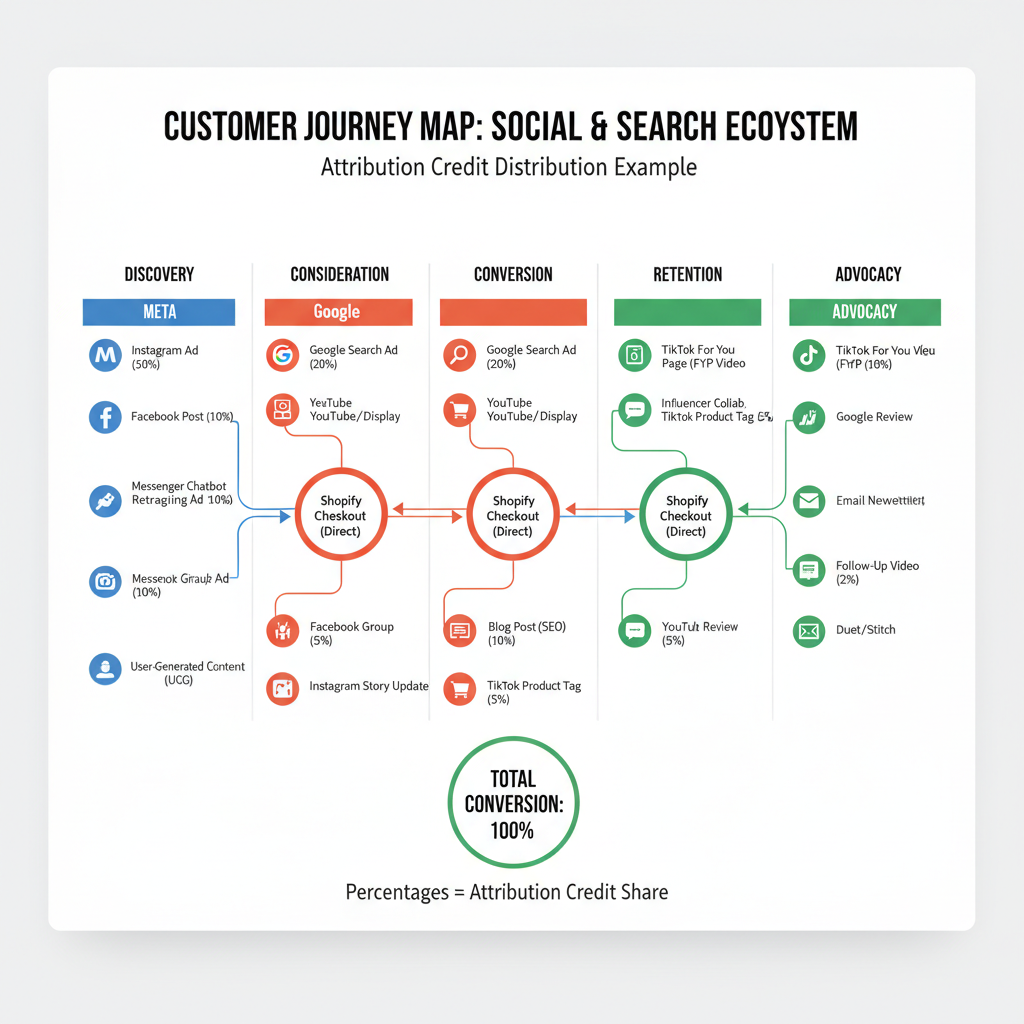 Customer journey map showing touchpoints across Meta, Google, TikTok with attribution credit distribution example