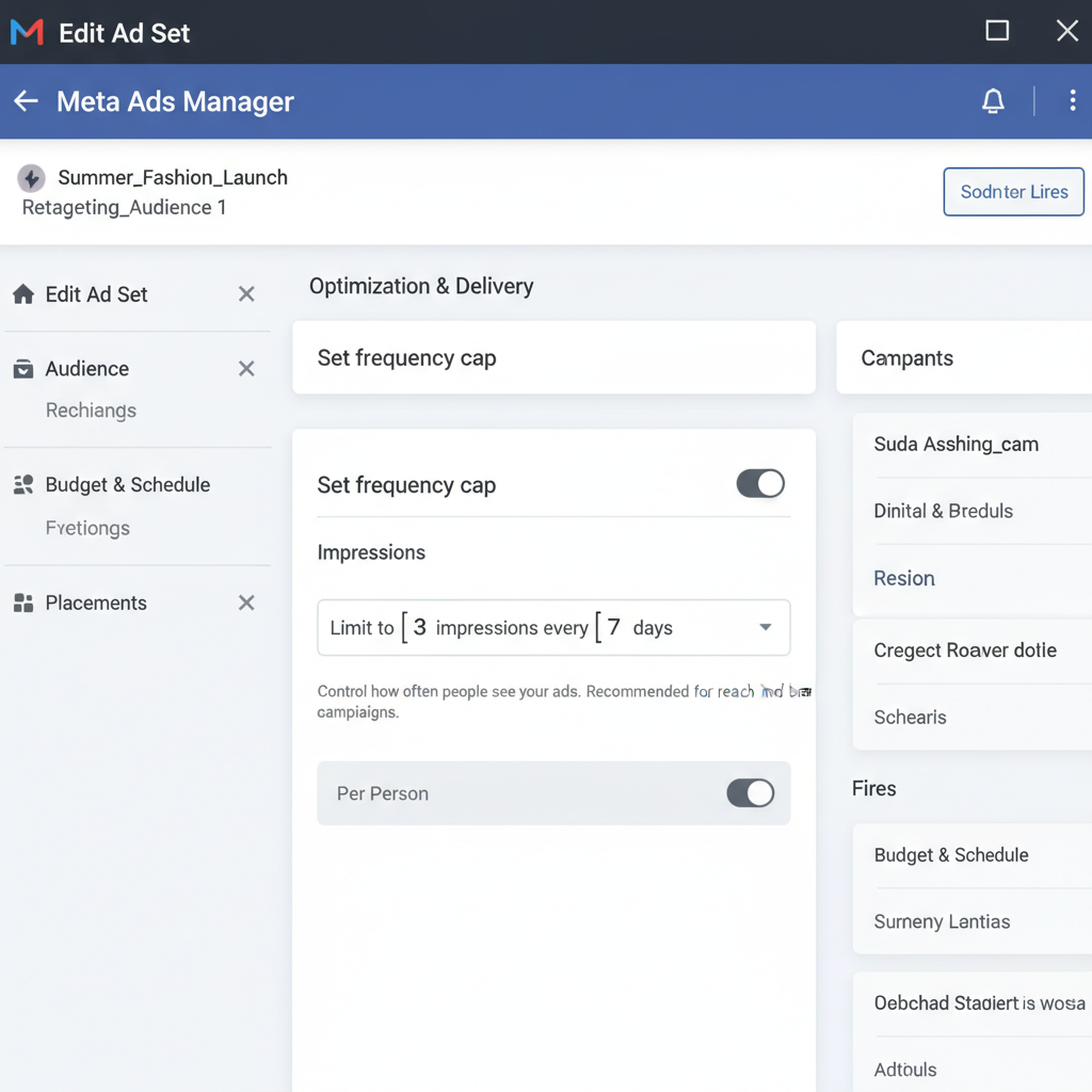 Platform interface mockups showing where and how to set frequency caps in Meta, Google, and TikTok advertising platforms