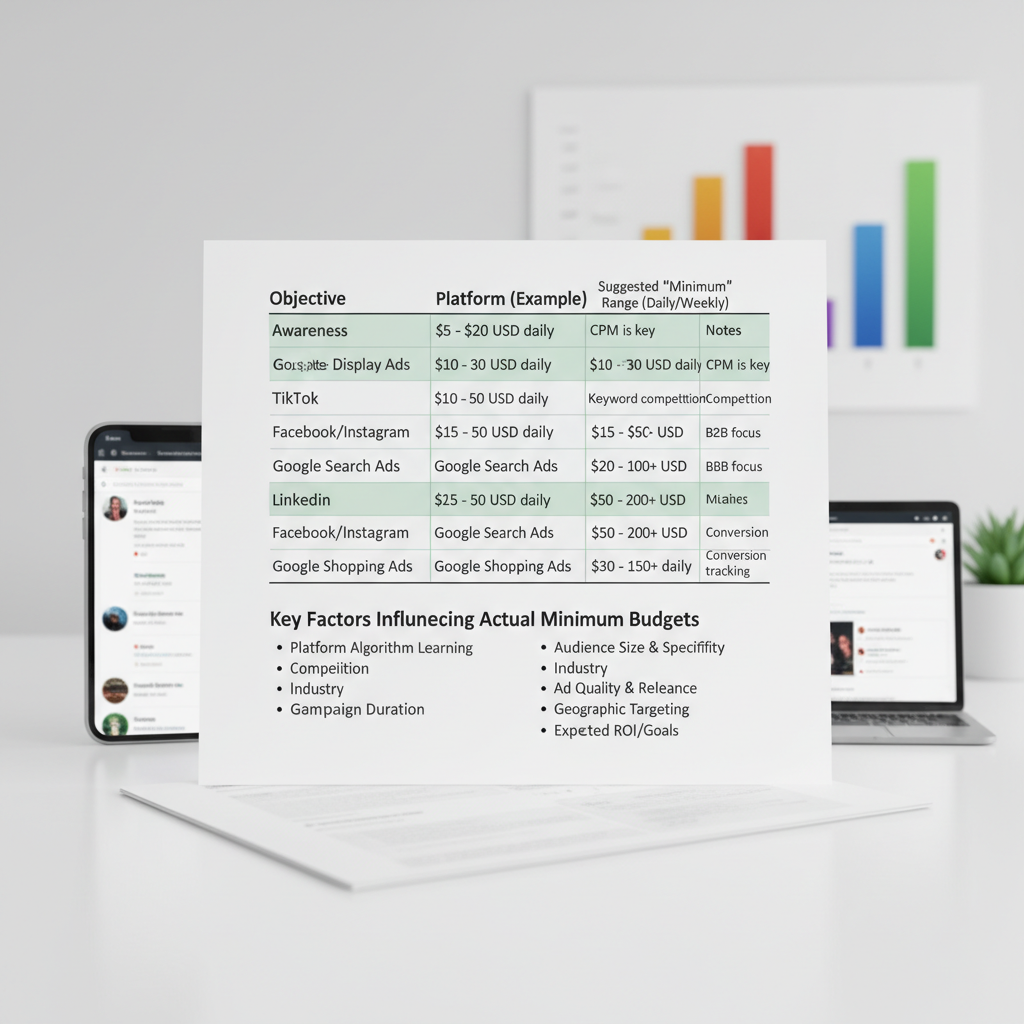 Detailed table comparing minimum budgets across platforms by objective including awareness, consideration, and conversion campaigns