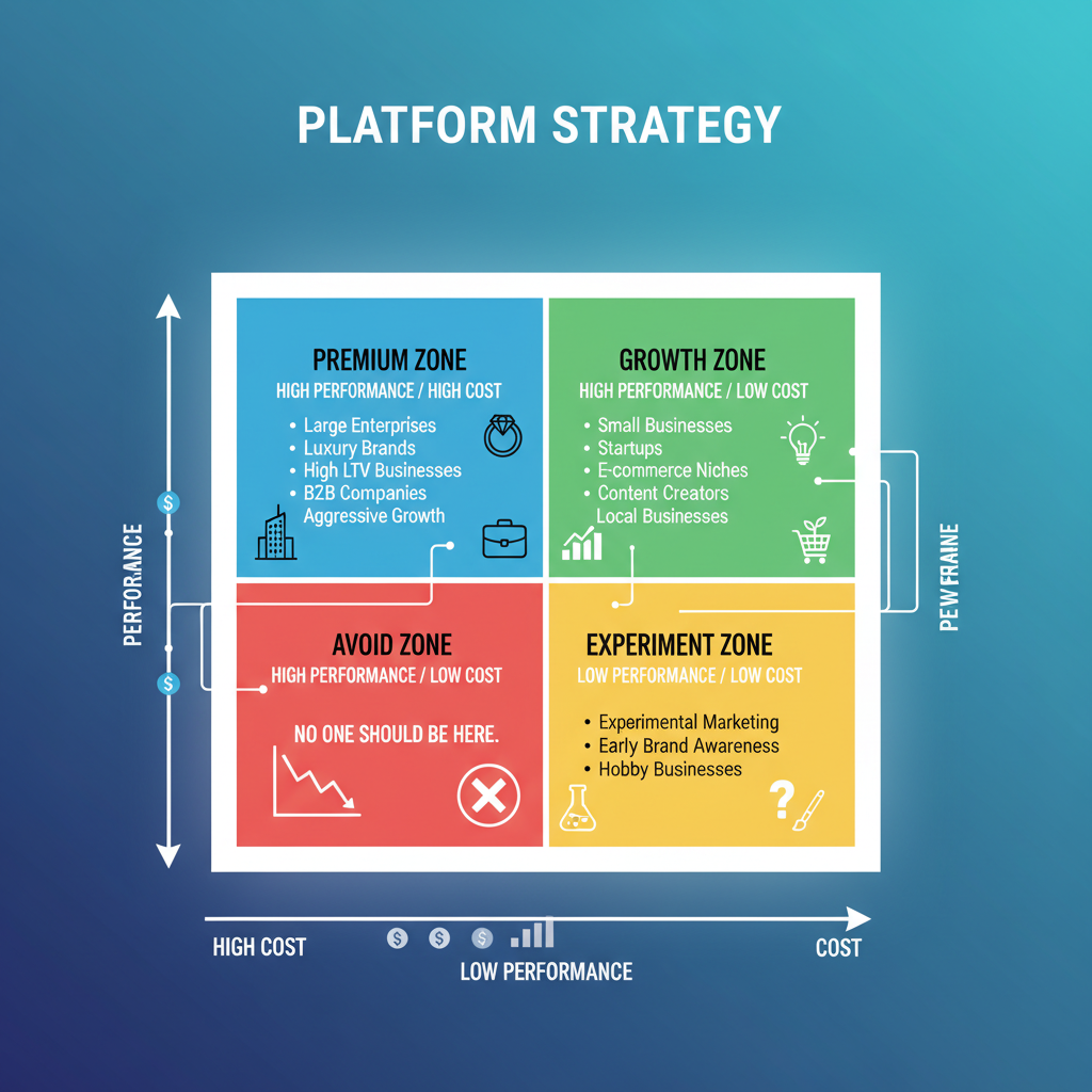 2x2 performance matrix showing platform performance versus cost with strategic placement recommendations for different business types