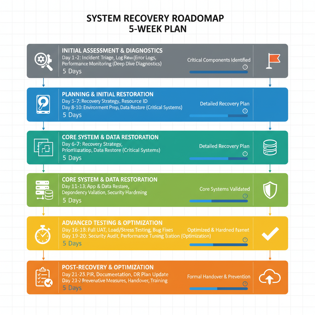 Week-by-week recovery roadmap showing diagnostic steps, testing phase, and optimization actions with time estimates