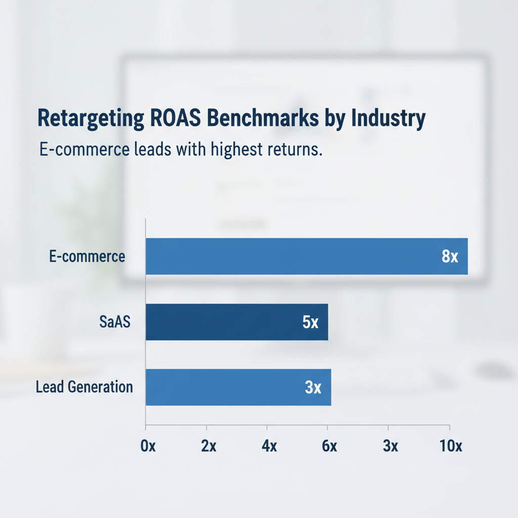 Bar chart comparing retargeting ROAS benchmarks across ecommerce, SaaS, and lead generation industries with performance ranges