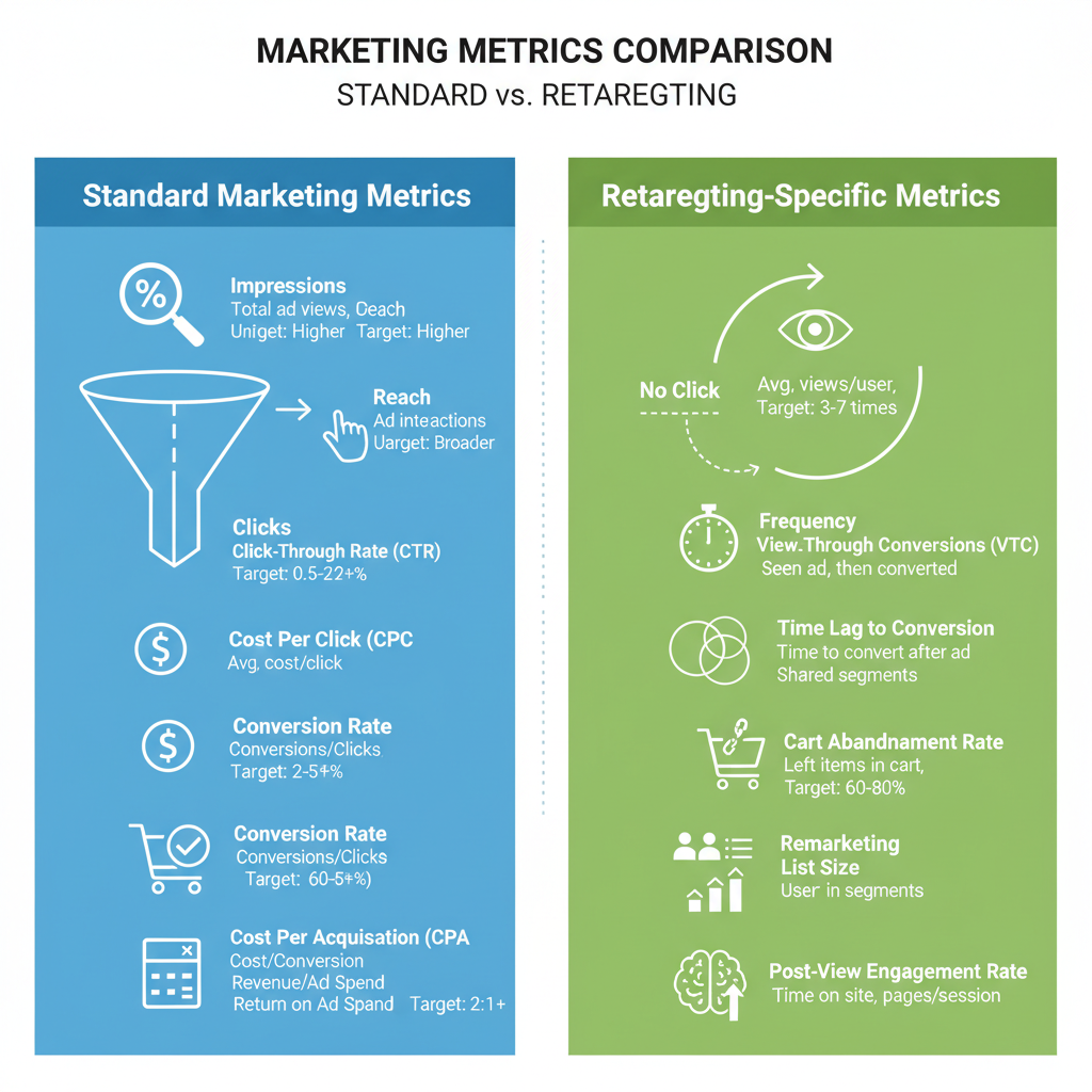 Comparison table showing standard metrics versus retargeting-specific metrics with definitions and target performance ranges