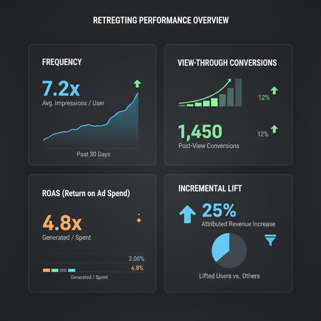 Dashboard visualization showing key retargeting metrics including frequency, view-through conversions, ROAS, and incremental lift