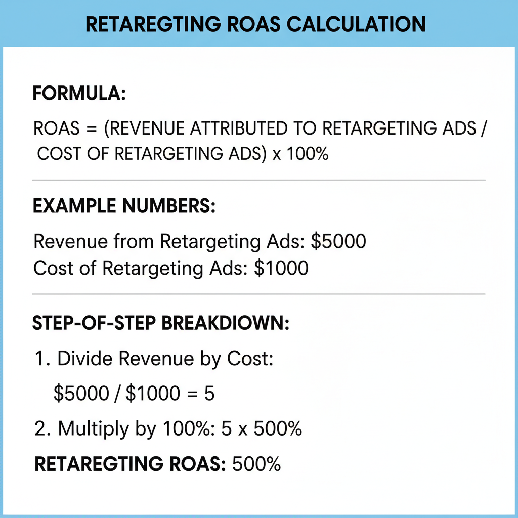 Clean educational diagram showing retargeting ROAS calculation formula with example numbers and step-by-step breakdown