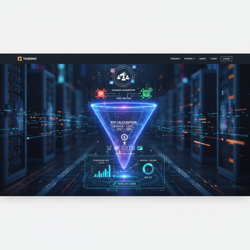 Professional retargeting funnel visualization showing ROI calculation with pixel tracking icons and conversion metrics dashboard
