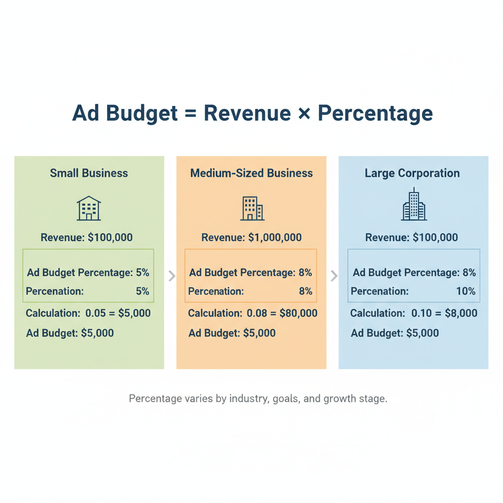 Visual formula showing how to calculate ad budget as percentage of revenue with examples at different revenue levels