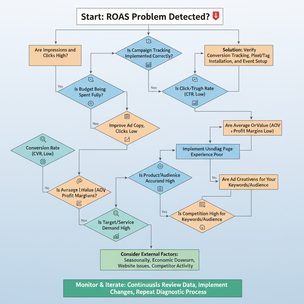 Comprehensive decision tree flowchart for diagnosing ROAS problems with yes/no questions leading to specific solutions