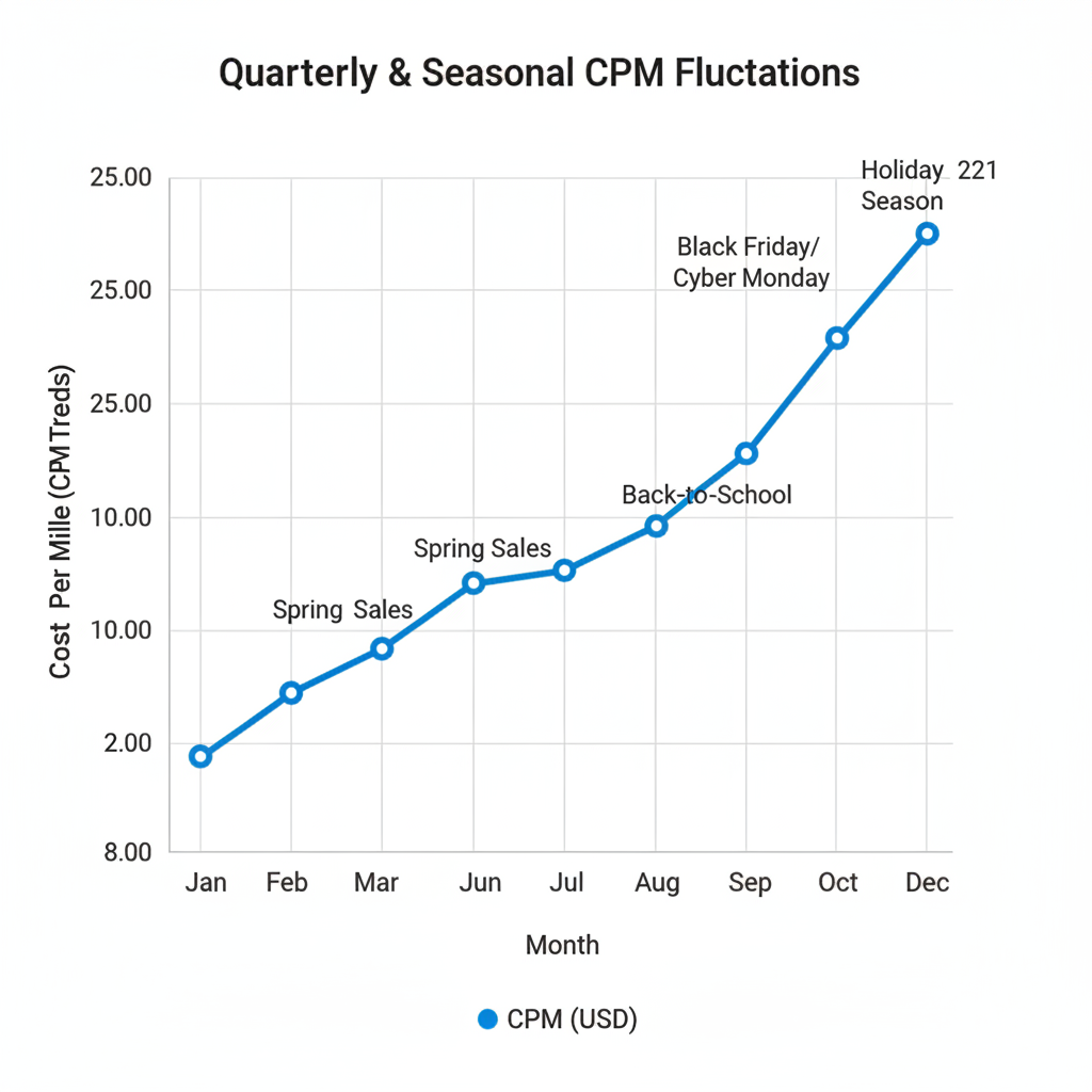 Line graph showing CPM trends across 12 months with peaks during Q4 holidays and other seasonal events