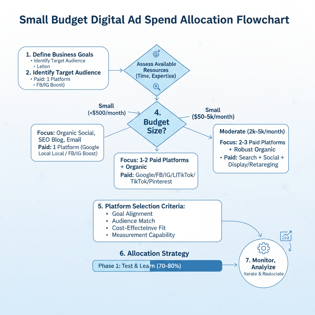 Decision flowchart for allocating small budgets across platforms based on business goals and available resources