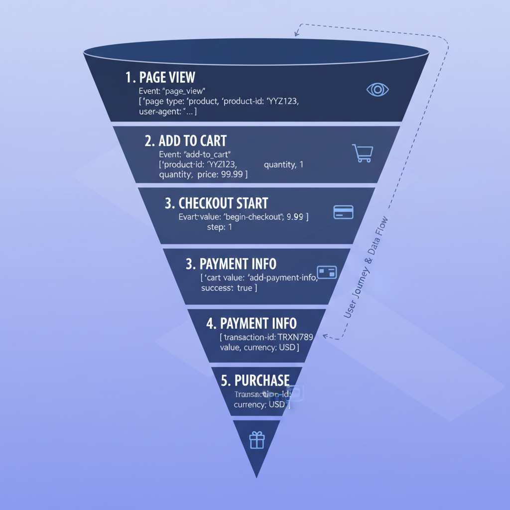 Ecommerce funnel showing all tracking events from page view to purchase with event names and data parameters