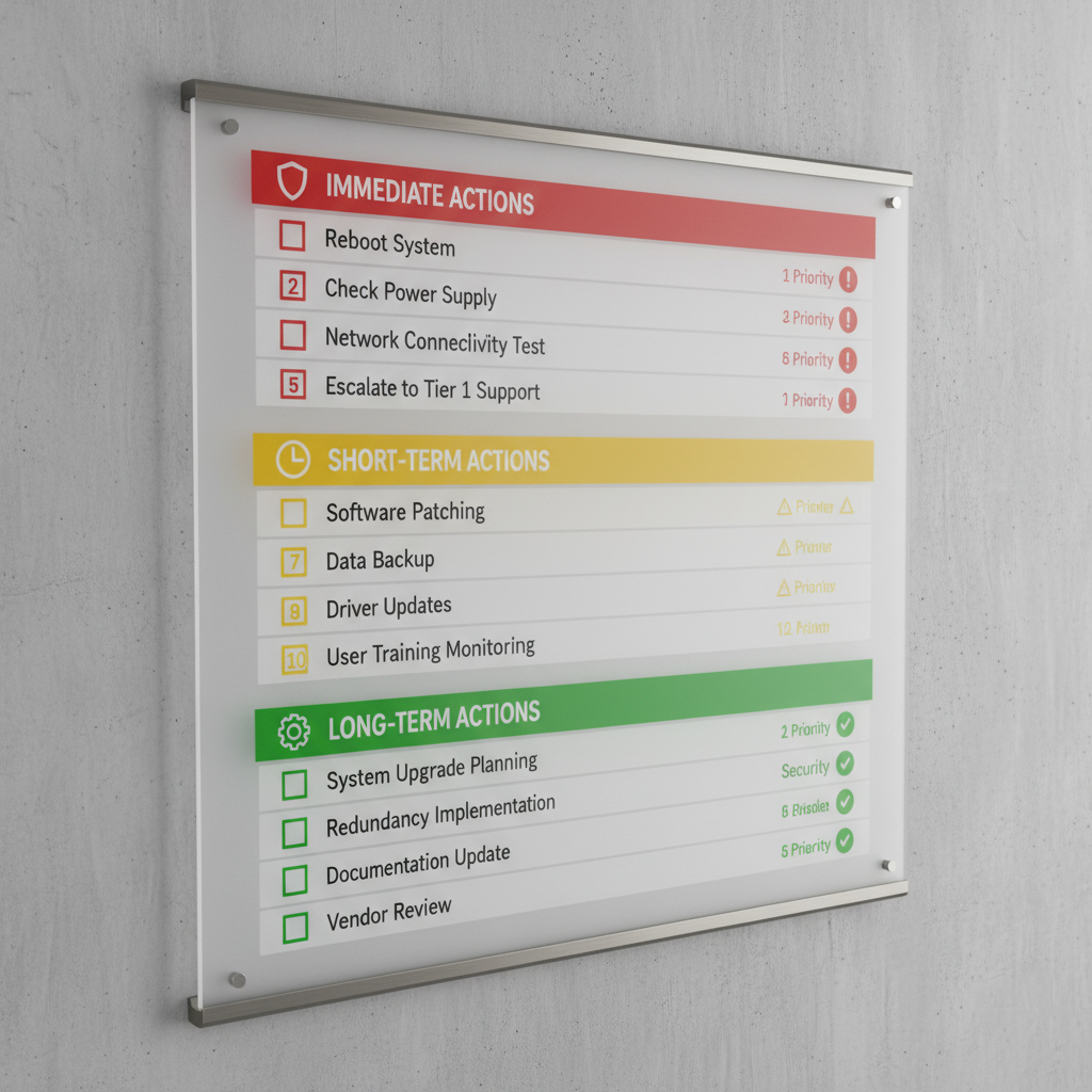 Visual checklist of 15 troubleshooting actions with priority levels marked as immediate, short-term, and long-term